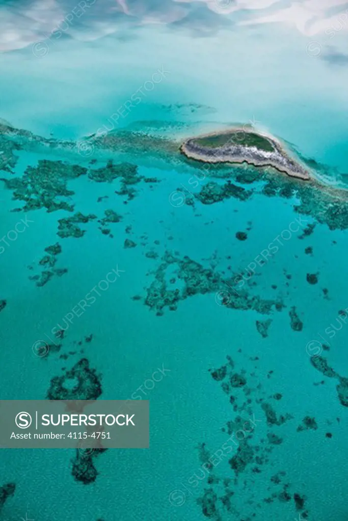 Aerial view of island and coral reefs in the Exumas. Bahamas, Caribbean, June 2009.