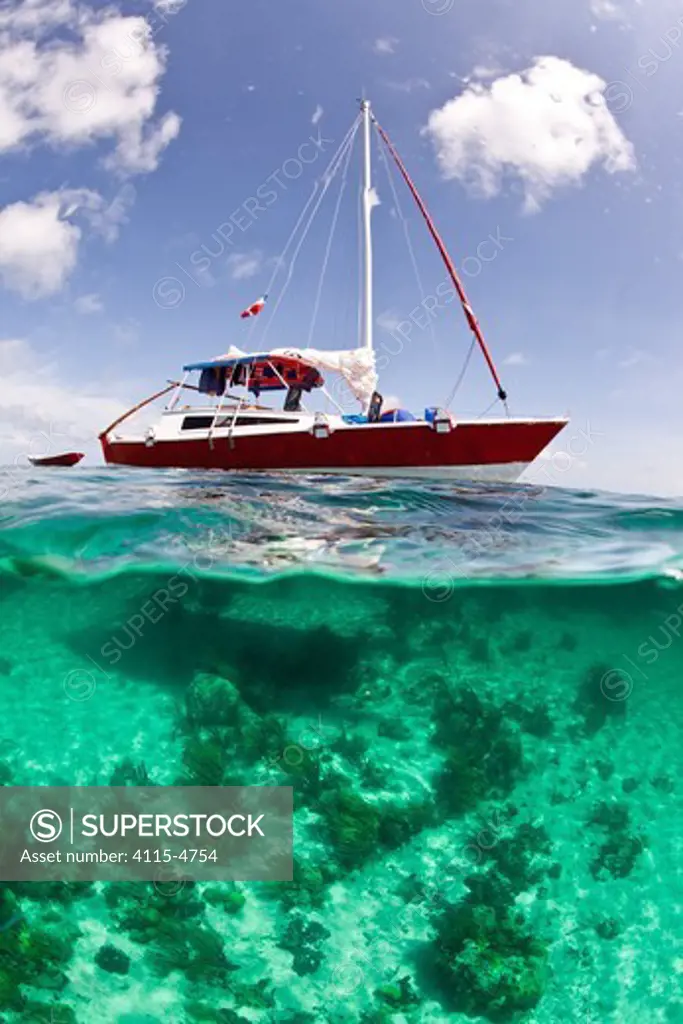 Split level view of 30ft Tiki catamaran 'Abaco'. Exumas, Bahamas, Caribbean. June 2009, property released.