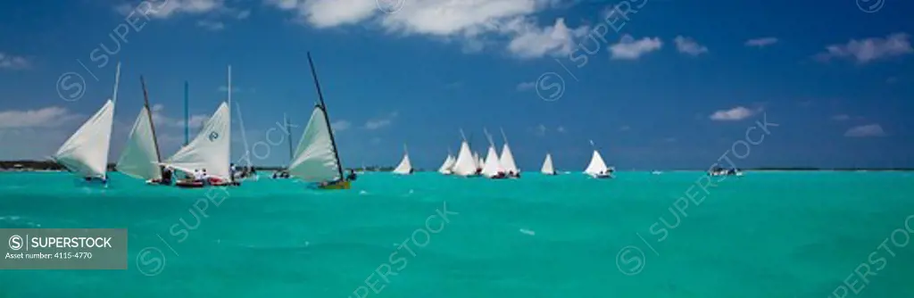 Fleet racing in the Bahamian Sloop regatta, Georgetown, Exumas, Bahamas. April 2009.