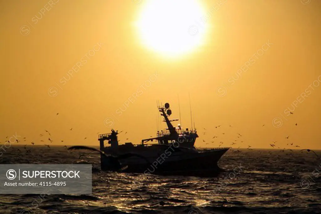 Trawling on the 'Ocean Harvest' at sunset on the North Sea, Europe, March 2011. Property released.