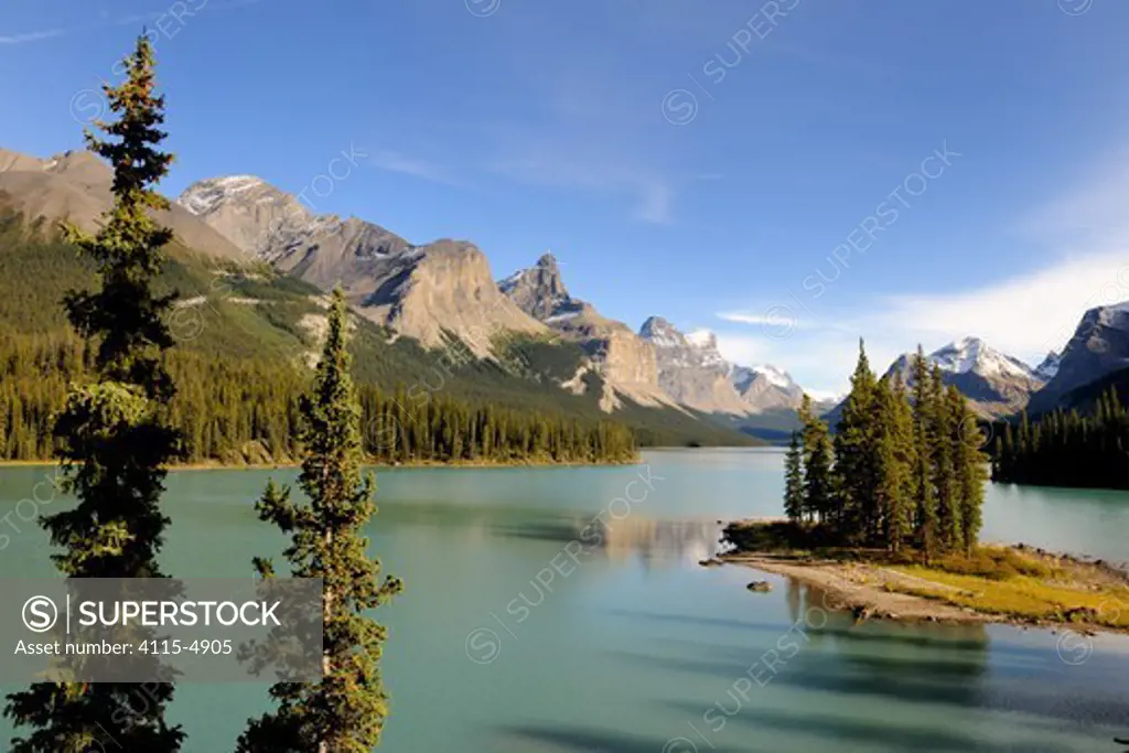 View from Spirit Island of Maligne Lake and surrounding mountains, Jasper National Park, Rocky Mountains, Alberta, Canada, September 2009
