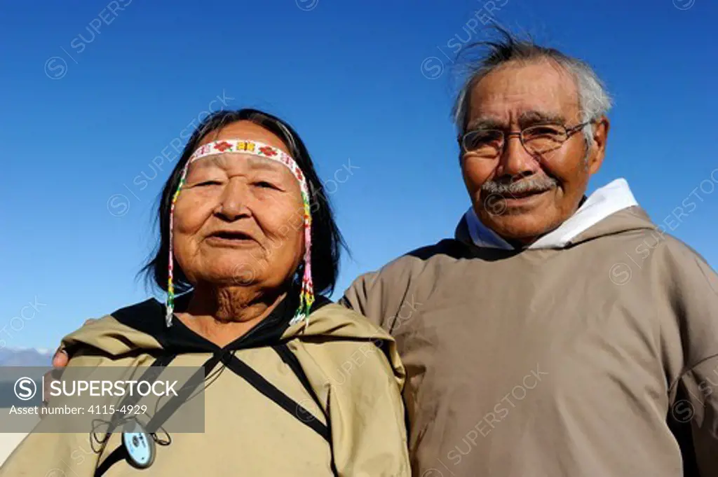 Portrait of elderly Inuit couple, Pond Inlet village, Baffin Island, Nunavut, Canada, August 2010