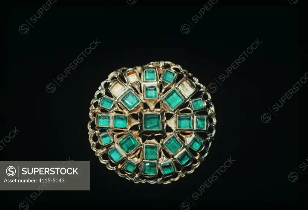 Emerald brooch recovered from the shipwreck ""Las Maravillas"", a Spanish galleon sunk in 1658, Bahamas. 1987.
