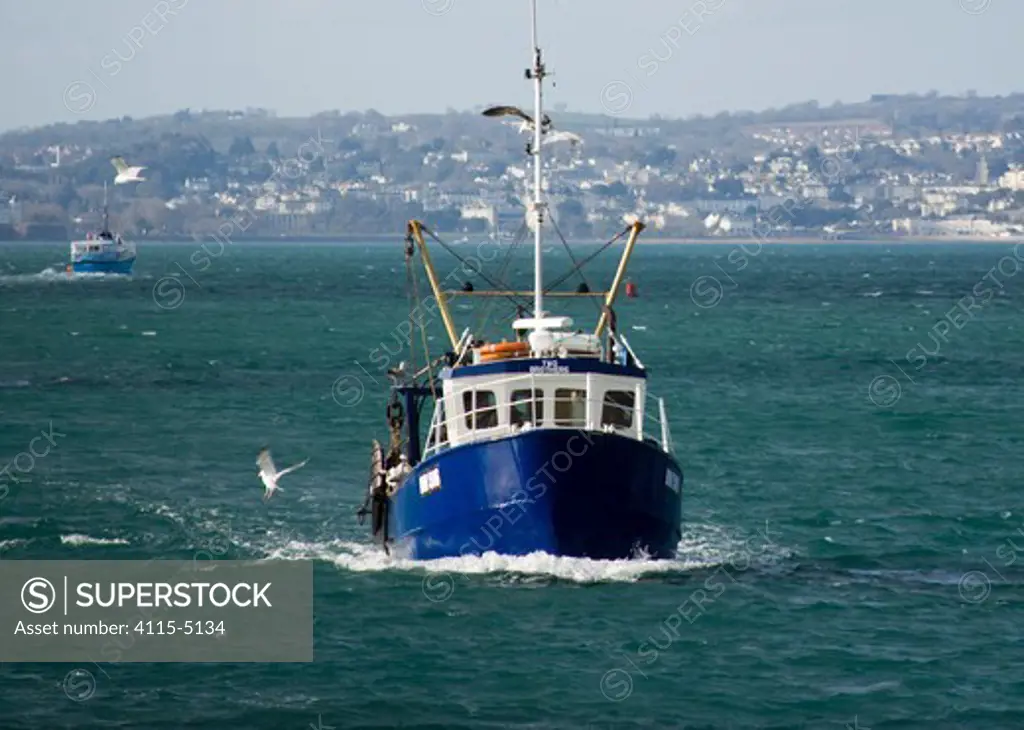 Small fishing trawler day-boat returning to Brixham Harbour to land its catch, Devon, England.