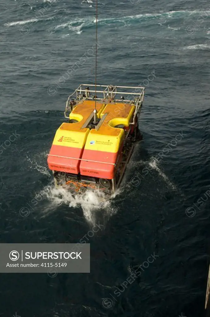 Launching ROV Isis (remotely operated vehicle) into the sea from James Cook research vessel over the mid Atlantic ridge, June 2010