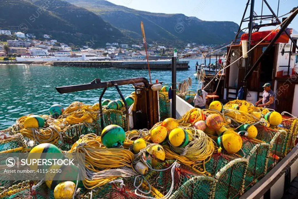 Fishing boat with lobster pots in the fishing village of Kalk Bay, False Bay, South Africa