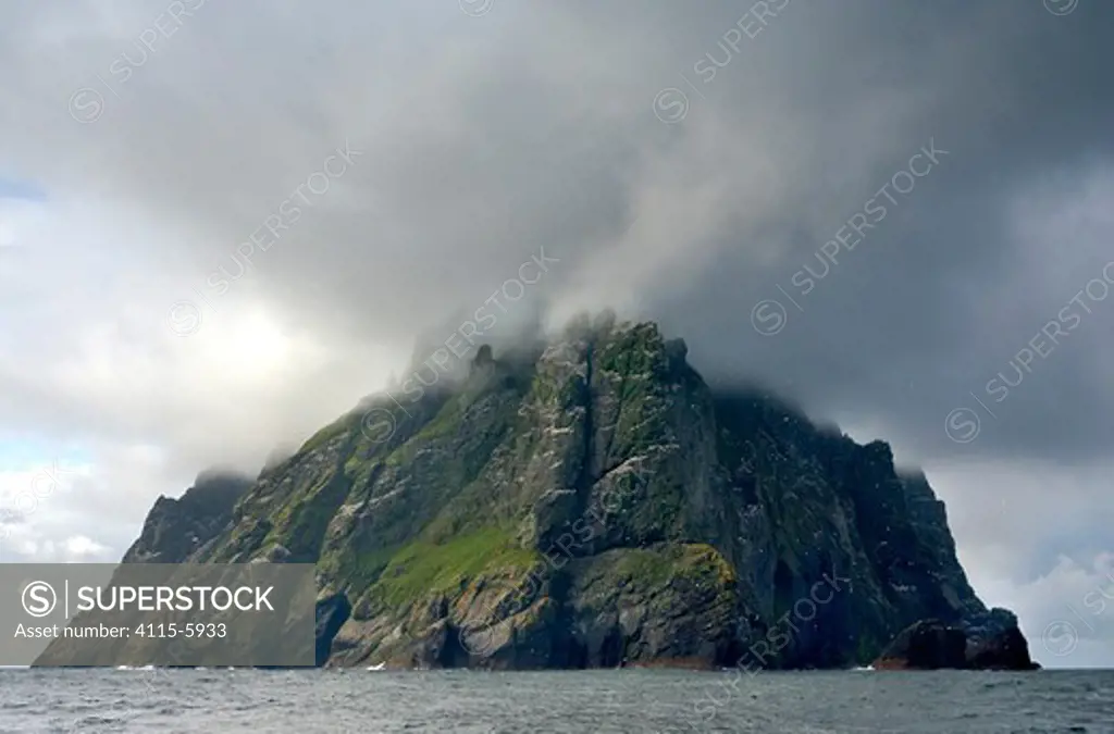 Boreray, under low cloud cover. This holds the largest gannetry in UK (60,000 pairs) St. Kilda, Scotland, July 2009