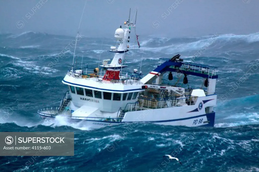 Fishing vessel in heavy seas, North Sea, April 2009.