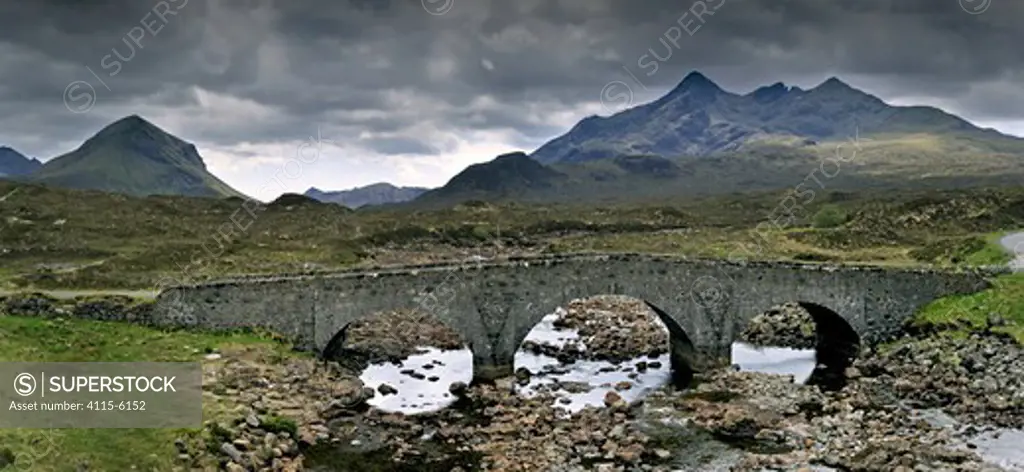 The Old Sligachan Bridge with view over Sgurr nan Gillean and the Red and Black Cuillins, Isle of Skye, Inner Hebrides, Scotland, UK, May 2010