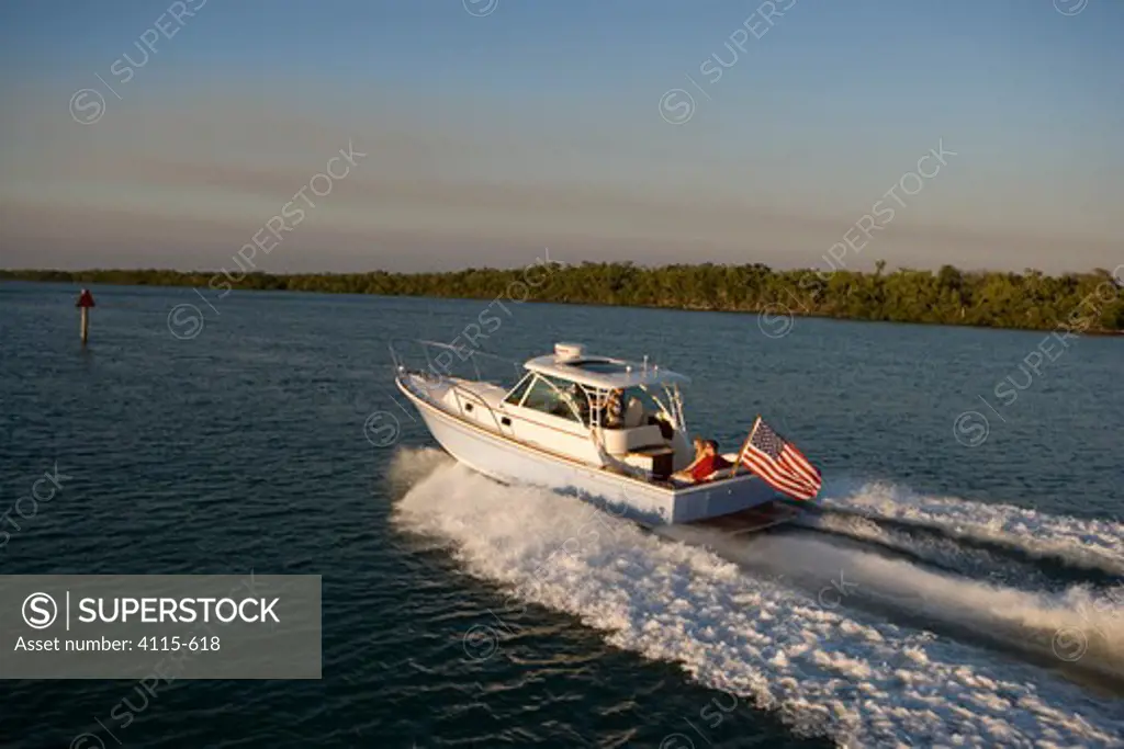 Surf Hunter 33 Jet boat off Marco Island, Florida.