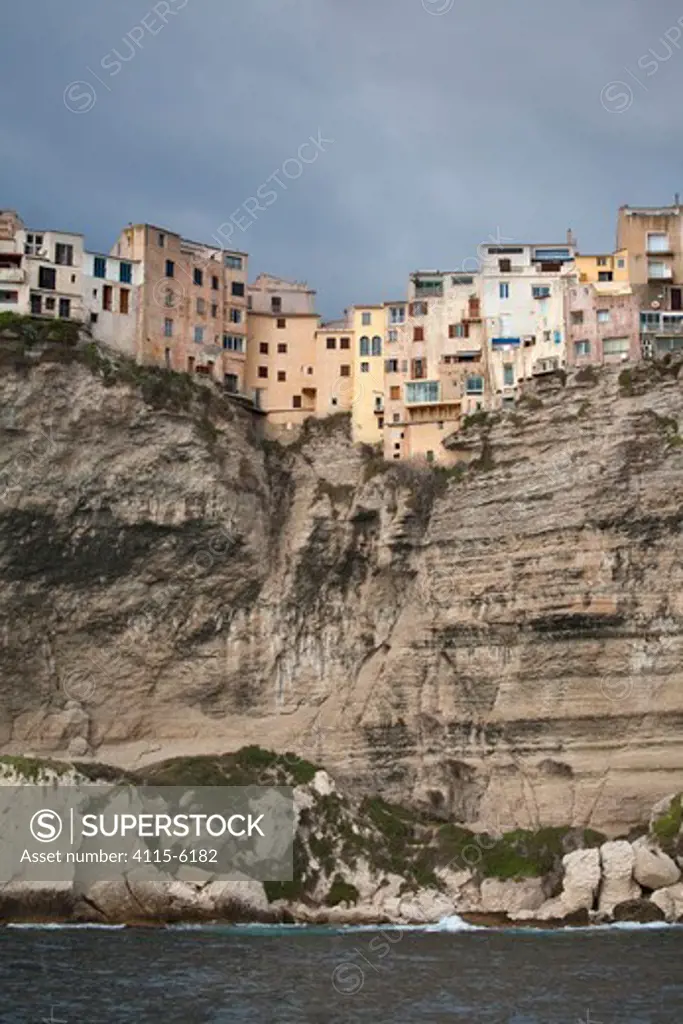 View of Bonifacio town, and limestome cliffs. Corsica island, France, February 2010
