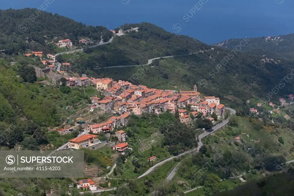 Aerial view of the village of Marciana, Elba island, Italy, May 2010