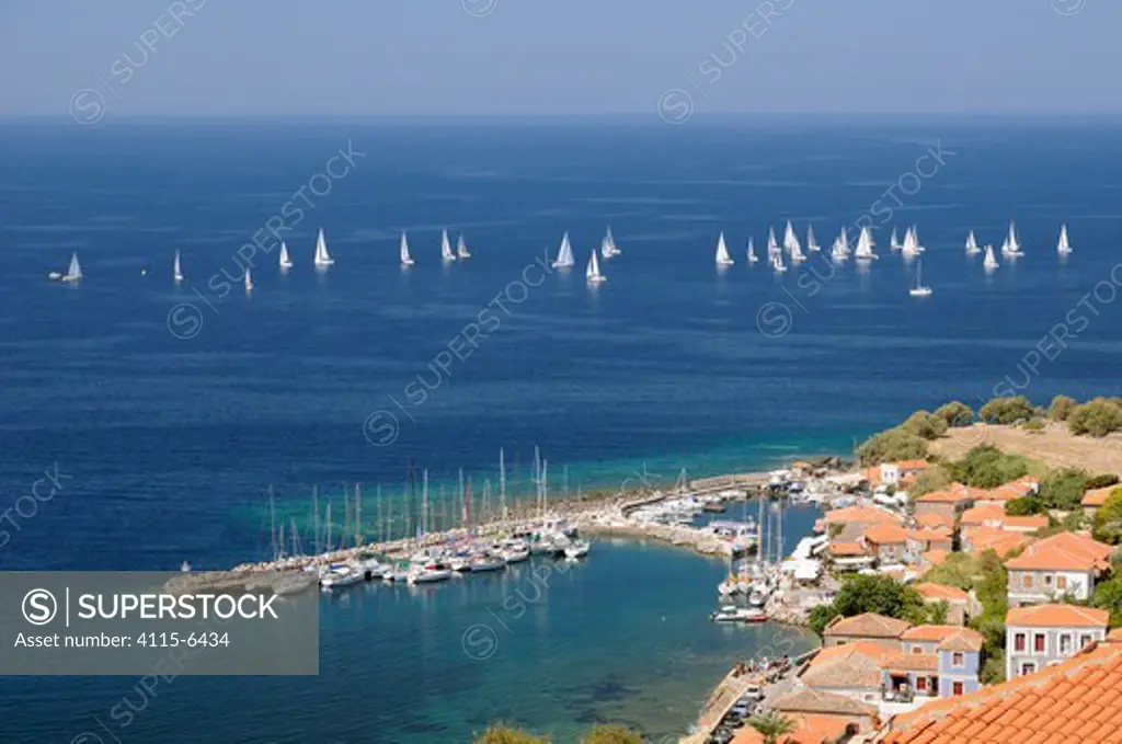 Overview of Molyvos / Mithymna harbour, and sailing yachts racing in the Aegean regatta. Lesbos / Lesvos, Greece, August 2010.