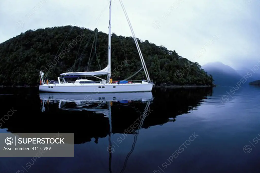 88ft yacht 'Shaman' motoring through fjords of South Island, New Zealand