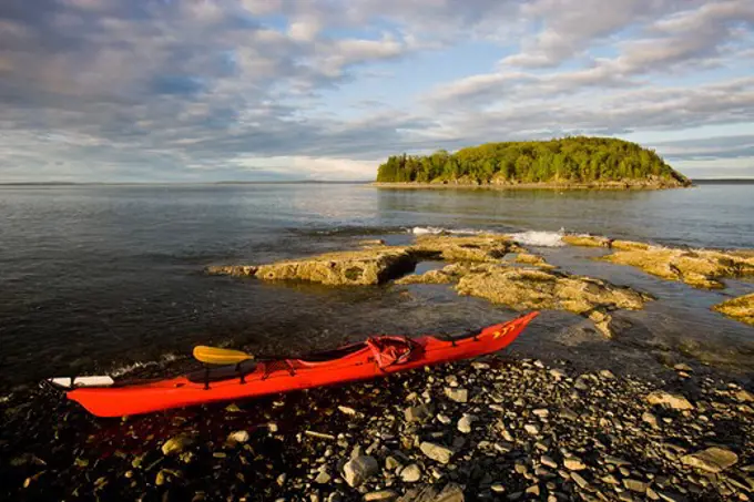 Kayak on shore, Porcupine Islands, Acadia National Park, Maine, USA