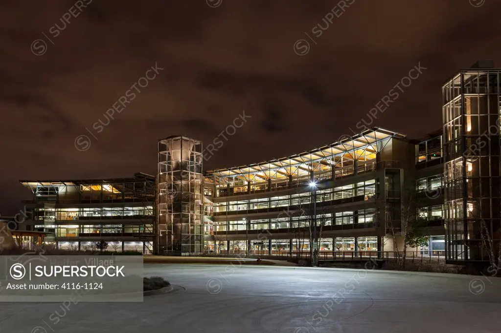USA, Arkansas, Heifer International headquarters at night