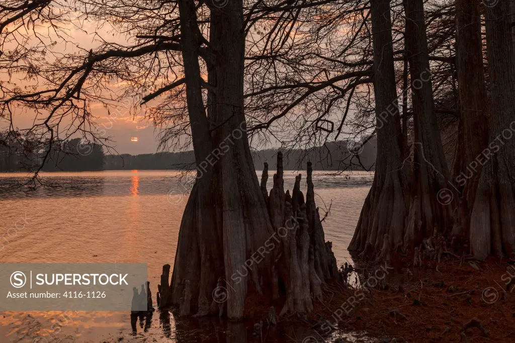 USA, Arkansas, Little Rock, Scott, Sunset reflected in Bearskin Lake