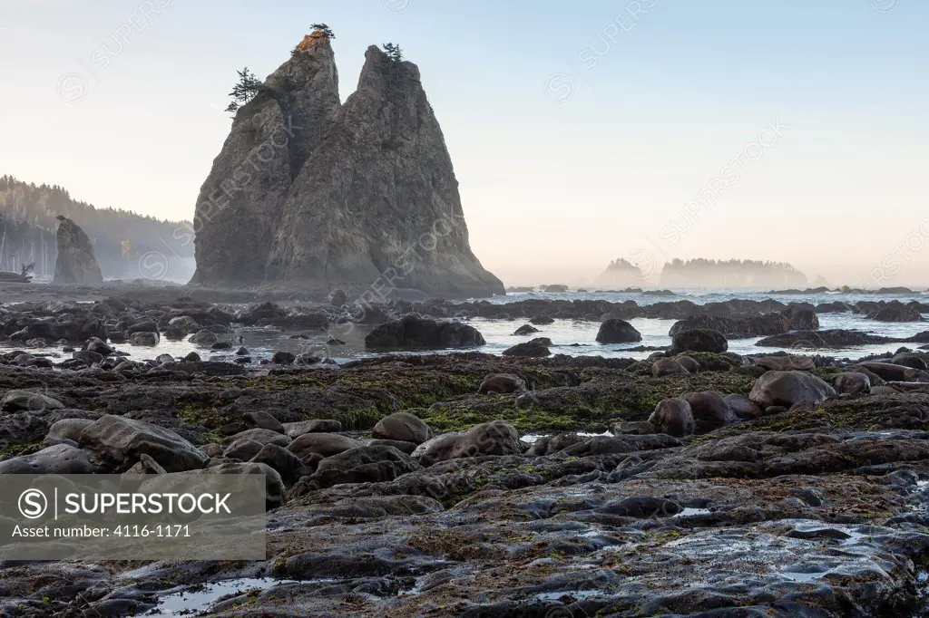 USA, Washington, Olympic National Park, Sea stacks at Rialto Beach