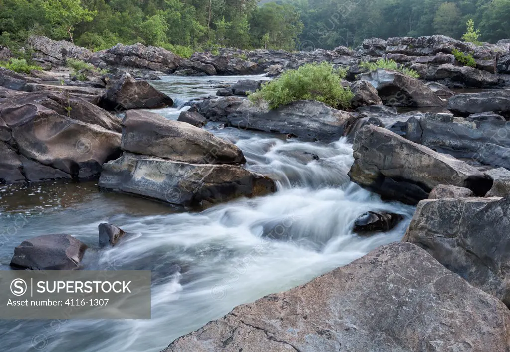 River flowing over rocks before dawn, Cossatot River St. Park, AR