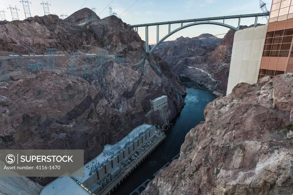 USA, Arizona, Nevada, Hoover Dam with new roadway bridge and Colorado River
