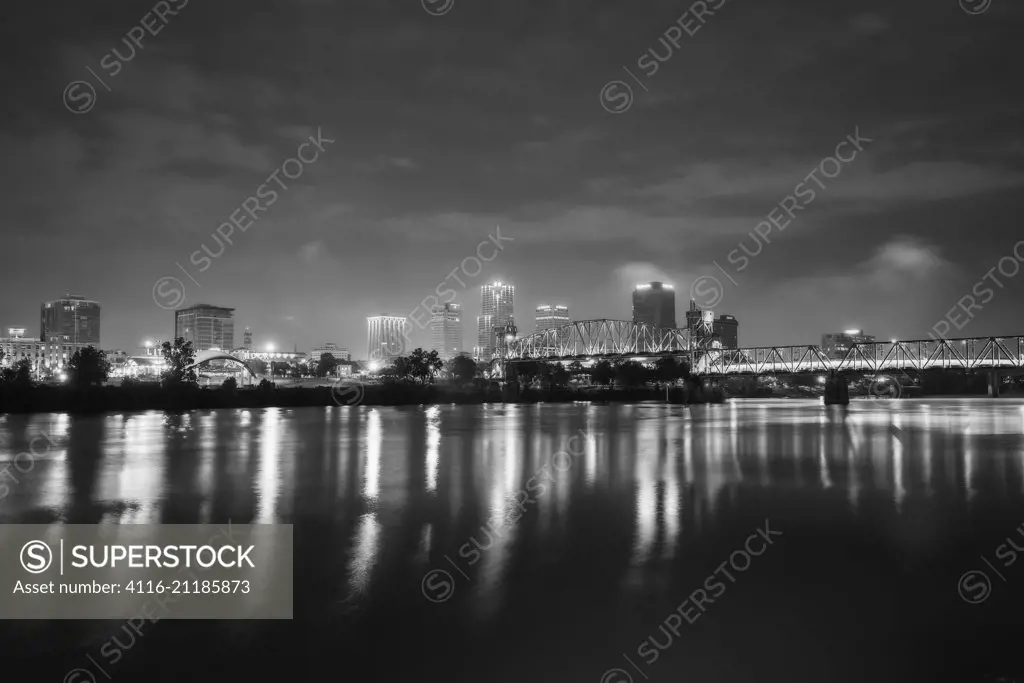 Little Rock skyline, low clouds  and thin fog, night time, black and white