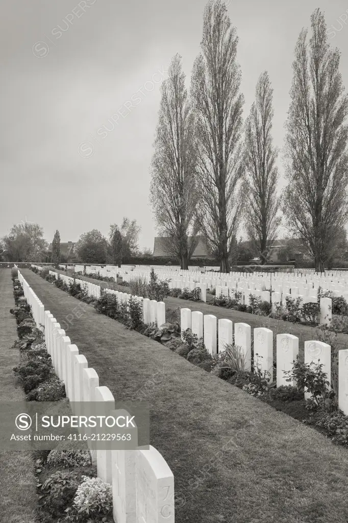 Gravestones in Tyne Cot WWI Allied Cemetery, Belguim, black and white