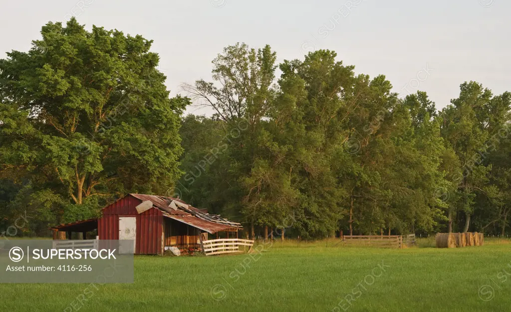 Barn with hay bales in a field at dusk, Arkansas, USA