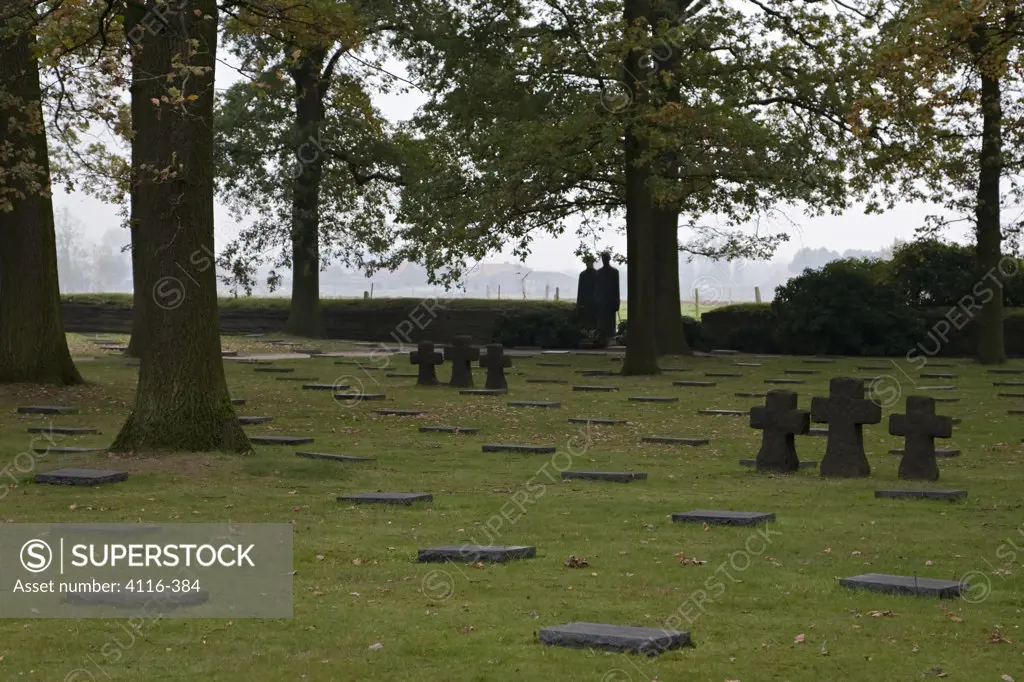 Crosses and graves in a German World War I cemetery, Ypres, Belgium