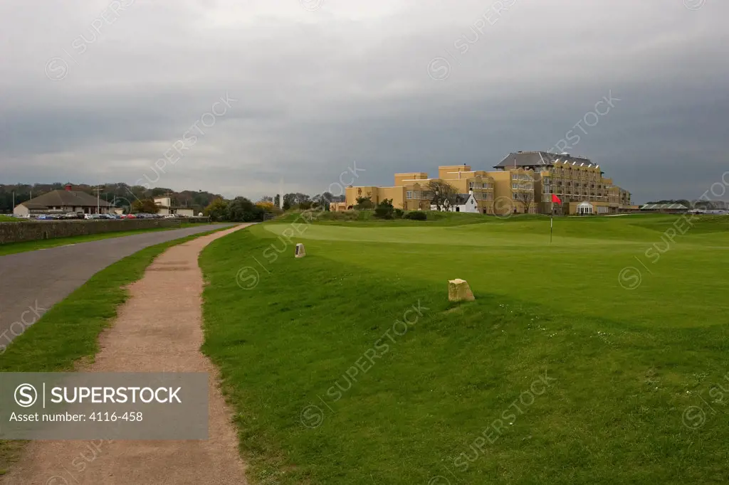 Golf course with a town in the background, The Road Hole, St Andrews Old Course, St. Andrews, Fife, Scotland