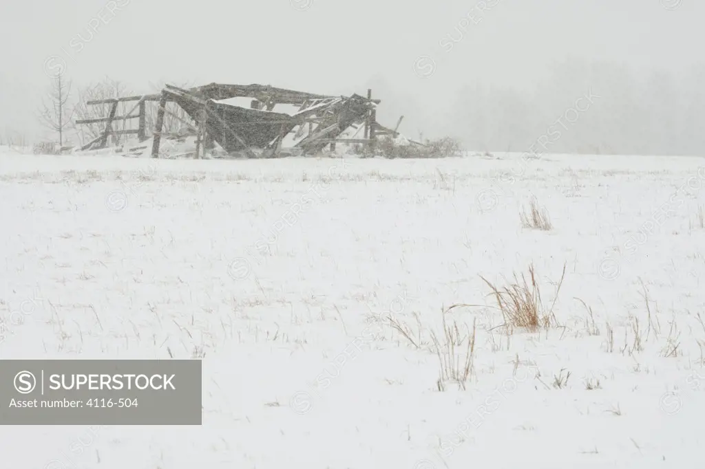 Abandoned farm buildings during blizzard, Arkansas, USA