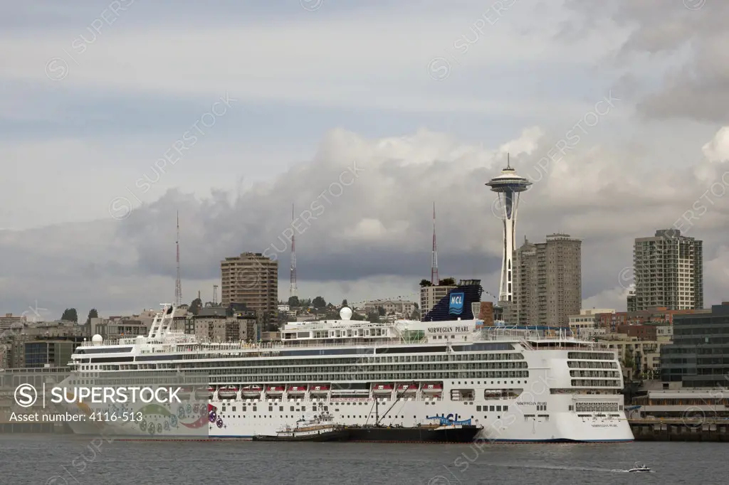 Cruise ship at a harbor, Port Of Seattle, Space Needle, Seattle, Washington State, USA