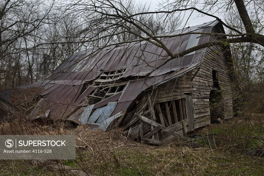 Old barn in the woods collapsed, Arkansas, USA