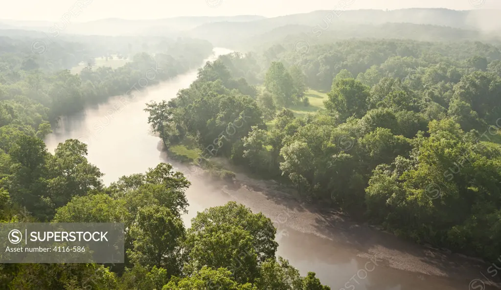 Fog over a river flowing through a forest, North Fork River, Ozark Mountains, Arkansas, USA