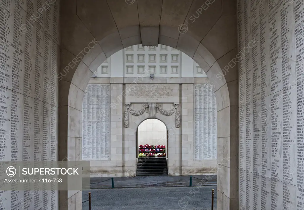 Names of the war dead on a memorial wall, Menin Gate, Ypres, West Flanders, Flemish Region, Belgium