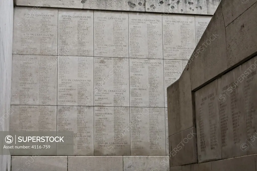 Names of the war dead on a memorial wall, Menin Gate, Ypres, West Flanders, Flemish Region, Belgium