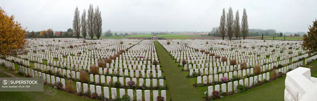 Tombstones in a cemetery, Tyne Cot Commonwealth War Graves Cemetery, Passendale, Zonnebeke, West Flanders, Flemish Region, Belgium