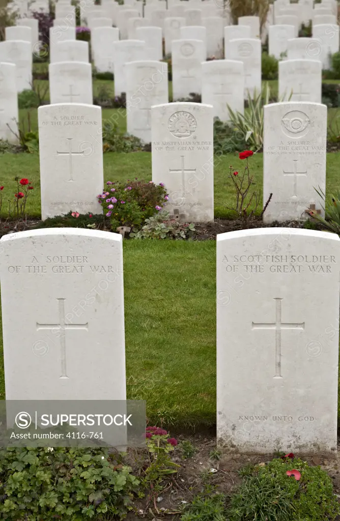 Known Unto God tombstones in a Cemetery, Tyne Cot Commonwealth War Graves Cemetery, Passendale, Zonnebeke, West Flanders, Flemish Region, Belgium