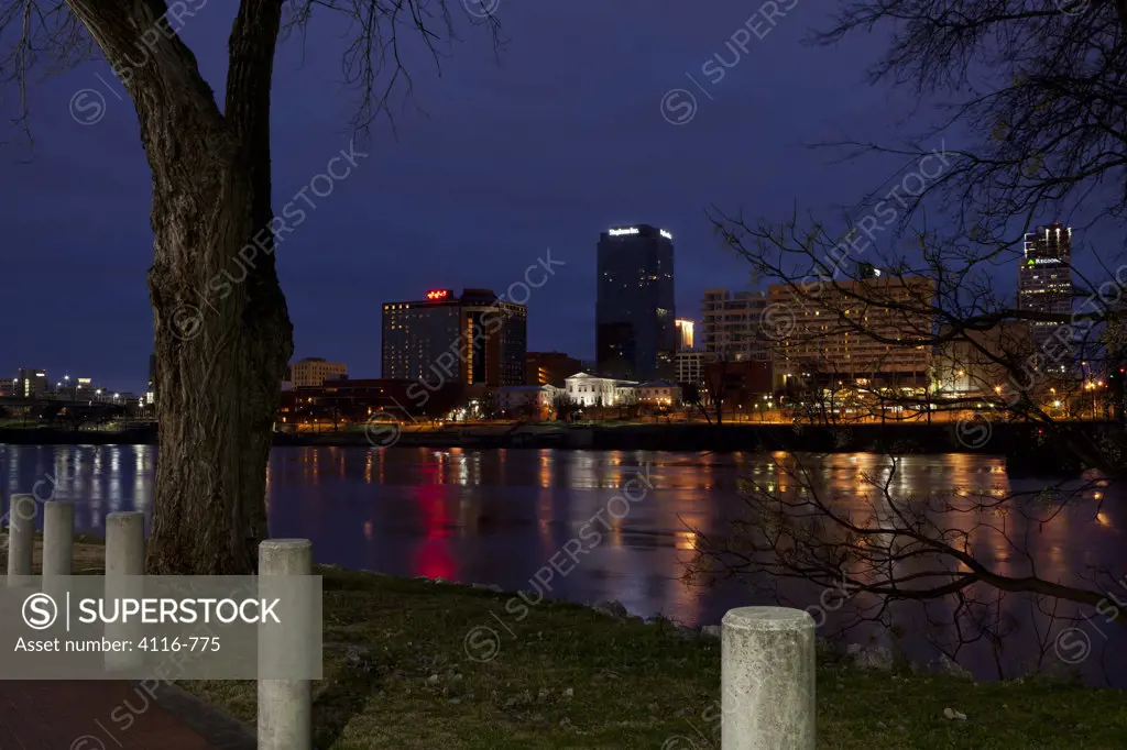 Reflection of building in water, North Little Rock, Arkansas River, Arkansas, USA