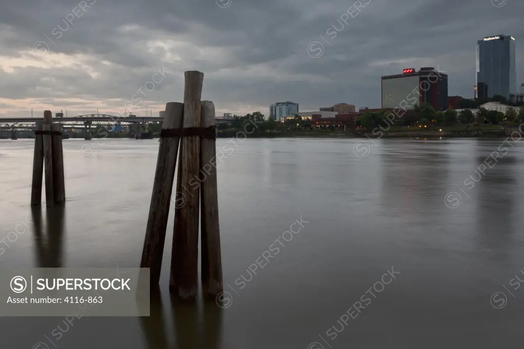 Old pilings and the Arkansas River, at dawn
