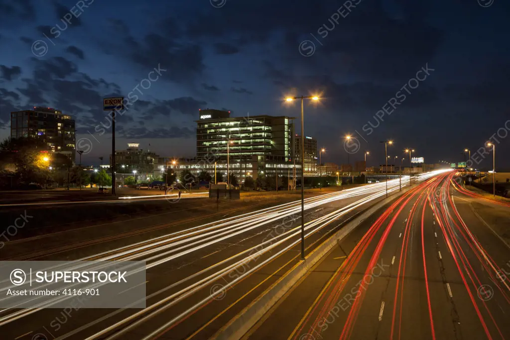 Streaks of traffic lights at night on Interstate 30, Little Rock, Pulaski County, Arkansas, USA