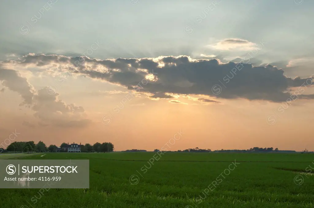 USA, Arkansas, Stuttgart, Crepuscular rays over flooded rice field and plantation house