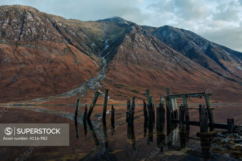 Old jetty at the lakeside at sunset, Loch Etive, Glen Etive, Highlands Region, Scotland
