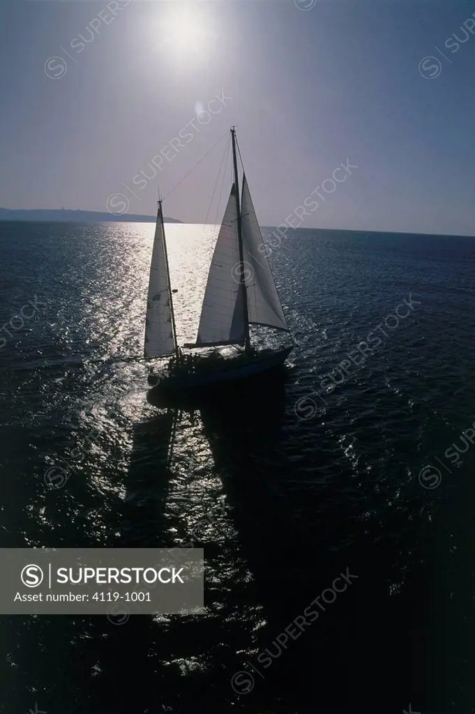 Aerial photograph of a sailing boat in the Mediterranean sea