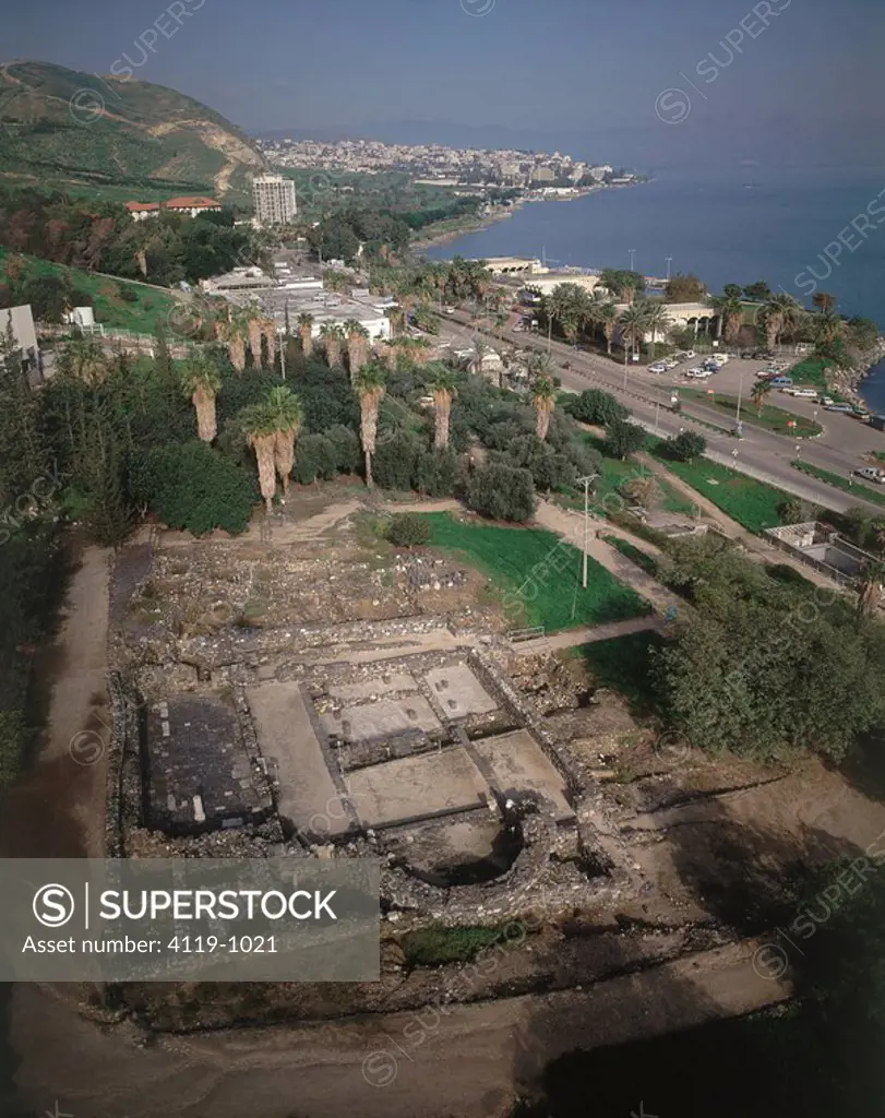 Aerial view of the ancient synagogue of Hamath Tiberias at the Sea of Galilee