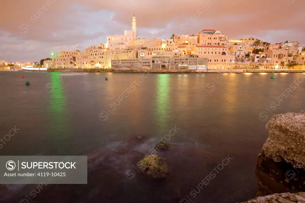 Photograph of the port and the old city of Jaffa at night