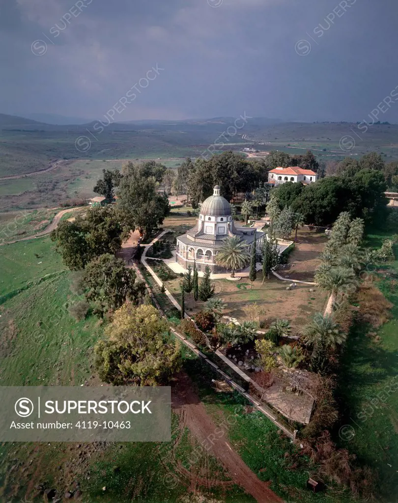 Aerial photograph of the church of the Beatitudes near the Sea of Galilee