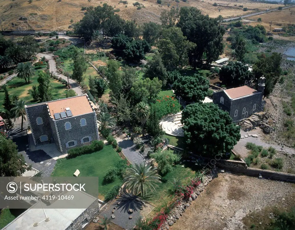 Aerial photograph of the church of Tabgha by the Sea of Galilee