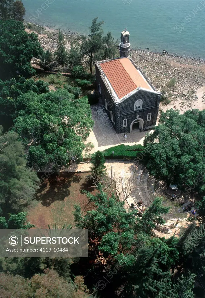 Aerial photograph of the church of Tabgha by the Sea of Galilee