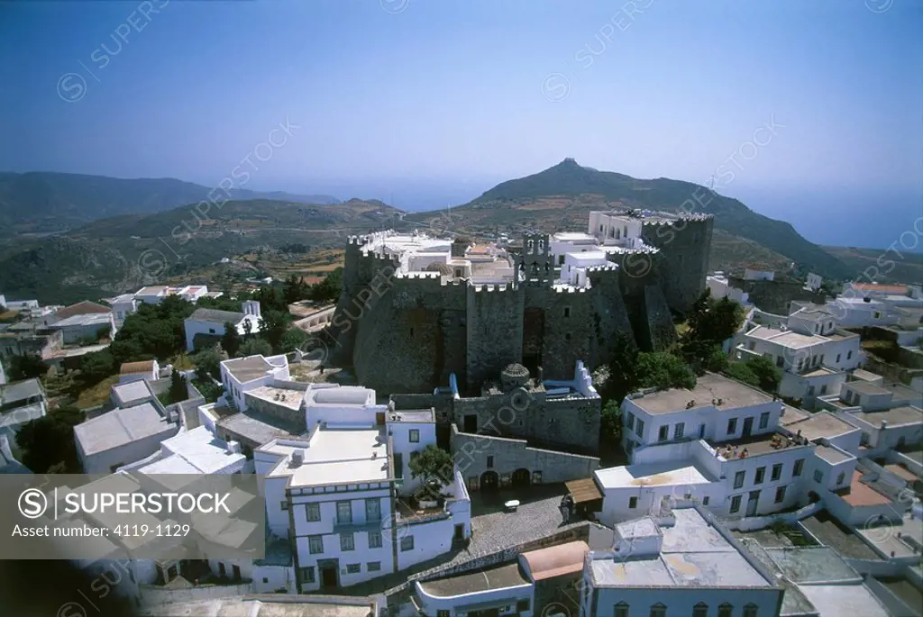 Aerial photograph of the Greek monastery of Moni Agios Ioannis Theologos in the villgae of Patmos on the island of Samos