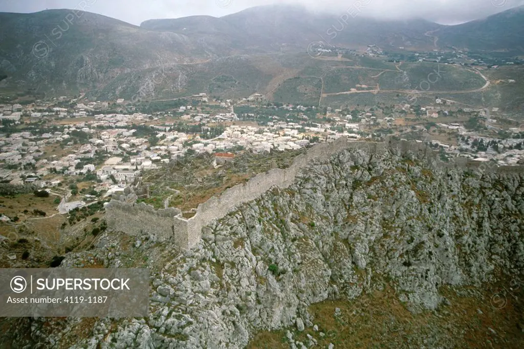Aerial photograph of the ruins of an ancient fortress on the Greek island of Kalimnos